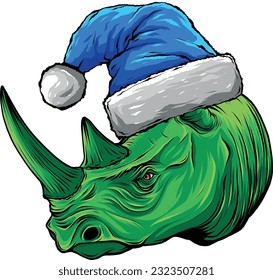 Vector color illustration of rhino in Santa Claus hat isolated on white background,