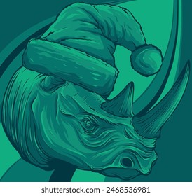 Vector color illustration of rhino in Santa Claus hat isolated on white background,