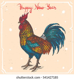 Vector color illustration of rooster portrait-symbol of 2017 year,text Happy New Year on background with abstract paper texture,retro frame.Cock sketch.Linear art in vintage style for design.