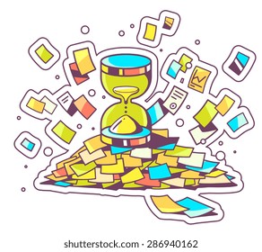 Vector color illustration of sand glass and business documents on light background. Hand draw line art design for web, site, advertising, banner, poster, board and print. 