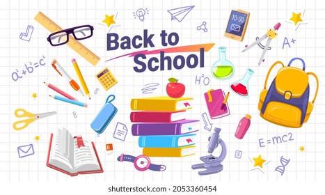 Vector color illustration of school bag with book and stationery on white background with text back to school and doodle formula. Bright design for web, site, banner, poster