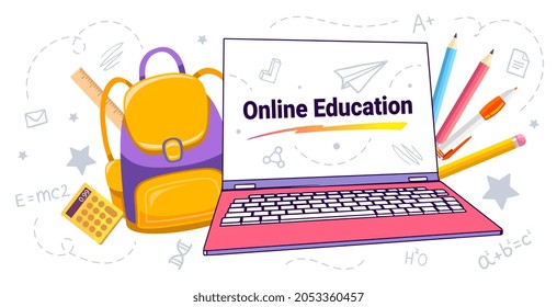 Vector color illustration of school bag with laptop and pencil on white background with text online education and doodle formula. Bright design for web, site, banner, poster