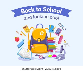 Vector color illustration of school bag with book, microscope and stationery on white background with text back to school. Bright design for web, site, banner, poster