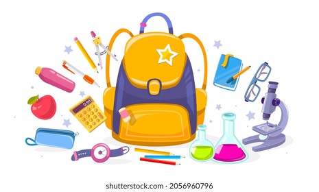 Vector color illustration of school bag with book, microscope and stationery on white background. Back to school concept. Bright design for web, site, banner, poster