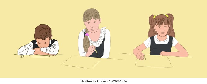 
Vector color illustration of schoolchildren at the table. An isolated image of children doing homework.