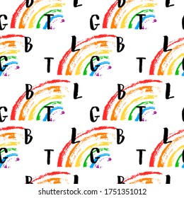 Vector color illustration seamless pattern with gay pride lettering and rainbow spectrum flag isolated on white background.  LGBT rights concept. Design for banner, wrapping, wallpaper, textile