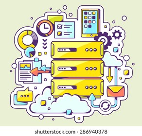 Vector color illustration of server operation on light background. Hand draw line art design for web, site, advertising, banner, poster, board and print. 