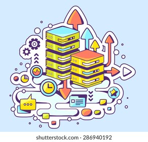 Vector color illustration of servers operation on blue background. Hand draw line art design for web, site, advertising, banner, poster, board and print. 