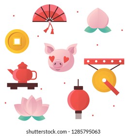 Vector color illustration set of chinese new year 2019 set including traditional symbols of chinese culture such as fan, coin, gong, flower, pig, teapot. 