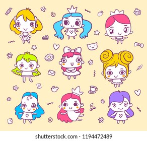 Vector color illustration of set of little happy girl in dress with icon. Hand drawn line art style design of princess girl for web, site, card, print