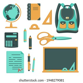 Vector color illustration of a set of school supplies and objects