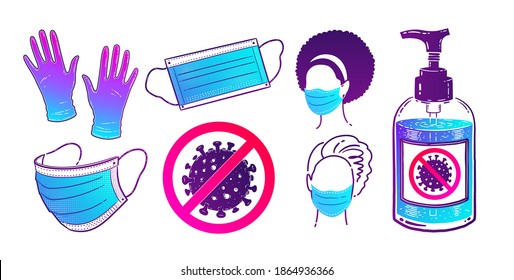 Vector color illustration set of virus protection items and people wearing face masks isolated on white background.