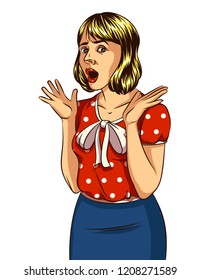 Vector color illustration of a shocked woman. Emotional lady with arms raised up isolated on white background. Business woman scared. Attractive blonde is excited