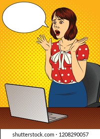 Vector color illustration of a shocked woman in the office. Emotional lady with raised hands stands in front of the laptop. Office worker scared. Attractive secretary excited