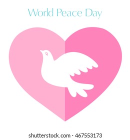 Vector color illustration of the sign of peace and love - the heart and a dove. Illustration of the pigeon and heart in flat style with text World Peace Day.