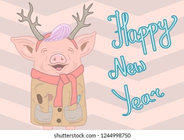 vector color illustration. simbol of New Year 2019 cute baby pig. Smiling piggie with elk's horns, purple hairstyle, wearing beige coat and red scarf with letters Happy New Year beside