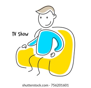 Vector color illustration of sitting man in a very comfortable armchair on white background. View the favorite movie or TV series. Line art doodle style design for web, site, banner, advertising