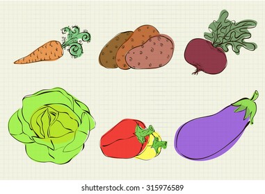 Vector color illustration of six vegetables on a sheet of student notebooks