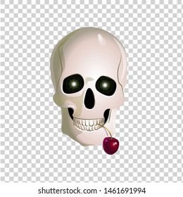 Vector color illustration of a skull with a cherry on a white background. An isolated trendy item. Drawing for a tattoo.