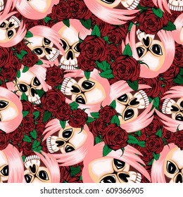 Vector color illustration skull girl with hair and roses. Seamless background. For t-shirt design or print on textile.