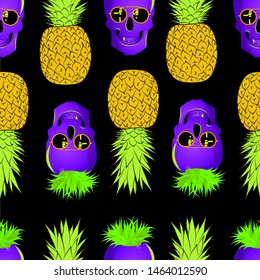 
Vector color illustration of a skull with pineapple on a black background. Seamless pattern with the image of the skull.