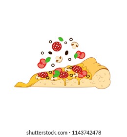 Vector color illustration with slice of pizza with falling products. Isolated on the white background.