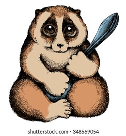 Vector color  illustration of Slow loris with a spoon. Hand drawn by ink. Isolated illustration on white background