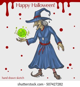 Vector color illustration of smiling wicked witch,blood stains,text Happy Halloween on the grey background.Hand drawn sketch in vintage style of the old woman in hat with magic crystal.