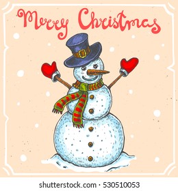 Vector color illustration of the snowman in hat,scarf,mittens,text Merry Christmas on background with abstract paper texture,retro frame.Snowman sketch.Linear art in vintage style for your design.