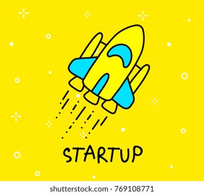 Vector color illustration of space jet plane. Cartoon spacecraft soars up into outer space. Cosmos object on yellow background. Line art flat style hand drawn doodle design for web, site, banner