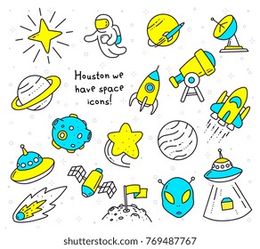 Vector color illustration with space object. Set of cosmos icon: astronaut, rocket, planet, UFO, satellite, moon on white background. Line art flat style hand drawn design for web, site, space banner