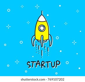 Vector color illustration of space rocket startup. Cartoon spacecraft soars up into outer space. Cosmos object on blue background. Line art flat style hand drawn doodle business design for web, site