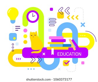 Vector color illustration of stack of book, cat, abstract element. Professional education concept on white background with icon. Flat style design for web, site, banner, poster, business presentation