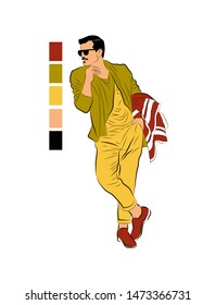 Vector color illustration of a standing expectant person. Fashionable man in a suit and glasses.