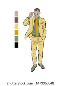 Vector color illustration of a standing man. A man in a suit with glasses.