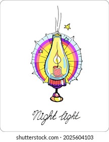 Vector color illustration. Sticker. Vintage lamp with a rainbow decoration. Suitable for emblems, tattoos, postcards.