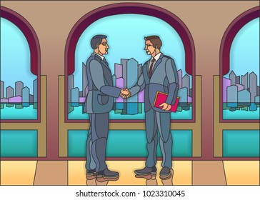 Vector color illustration of a stylized stained-glass window of the Handshake businessman against a backdrop of a panorama of a business city skyscrapers