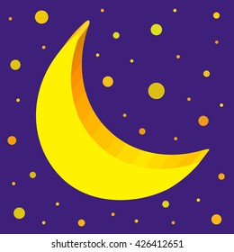 Vector color illustration of the stylized yellow moon in the night sky and stars on the dark violet background.