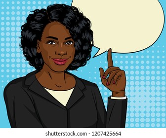 Vector color illustration of successful African American business woman. Happy beautiful lady in office suit shows thumb up. Lady boss points up. Design Banner for sales, discount, advertising