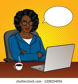 Vector color illustration of successful African American business woman in an office room. Happy lady with crossed arms sitting in a chair in front of a laptop. Lady boss is sitting at the desk