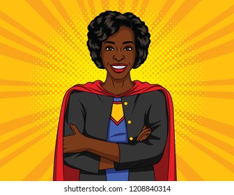 Vector color illustration of a successful African American business woman. Strong lady with crossed arms in a hero clothes. Happy woman in a red cape. Conceptual banner of a woman of power