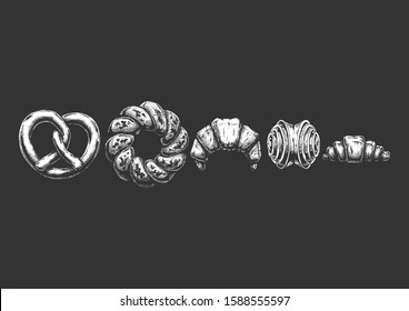 Vector color illustration of sweet pastries set in ink hand drawn style., Pretzel, kalach, kifli, franzbroetchen and croissant. Isolated on black background.  