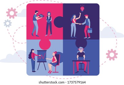 Vector color illustration. Team communication at office. Business Concept and Symbol of Teamwork, Cooperation, Partnership, Head Hunting in social network.