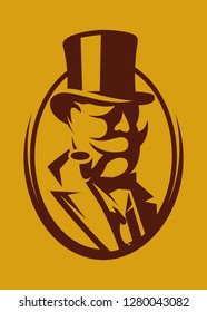 Vector color illustration with template for badge with a gentleman with hat.