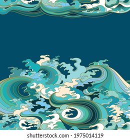 Vector color illustration, template for graphic design depicting sea waves in traditional oriental style. A place for text.