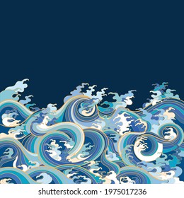 Vector color illustration, template for graphic design depicting sea waves in traditional oriental style. A place for text.