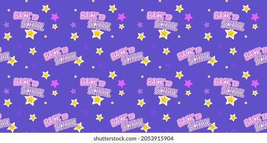 Vector color illustration of text back to school and star on dark background. Bright design of seamless school pattern for web, site, banner, poster