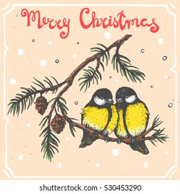 Vector color illustration of tit on christmas tree,text Merry Christmas on background with abstract paper texture,retro frame.Tree branch with bird sketch.Linear art in vintage style for your design.