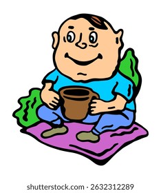 Vector color illustration of a toddler in a t-shirt with a cup and a mat on a white isolated background