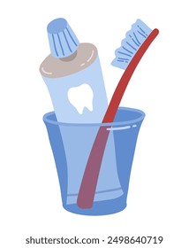 Vector color illustration of toothbrush and toothpaste in glass